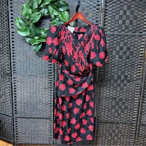 Vintage Maggy London silk blouse puff sleeves faux wrap size 6 small black red
